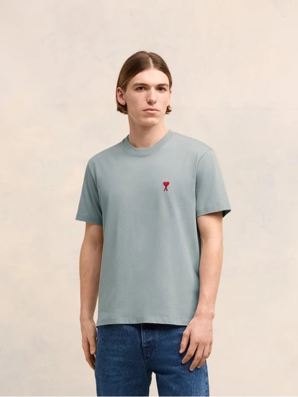 NWT AMI Men's Crewneck T-Shirt in Blue with Red Heart Logo